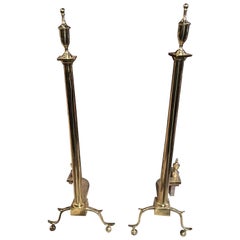 Antique Pair of Polished Brass Chenets or Andirons, 19th Century
