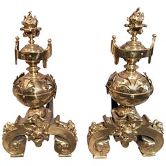 Pair of Polished Brass Chenets or Andirons with Flame Finials, 19th Century