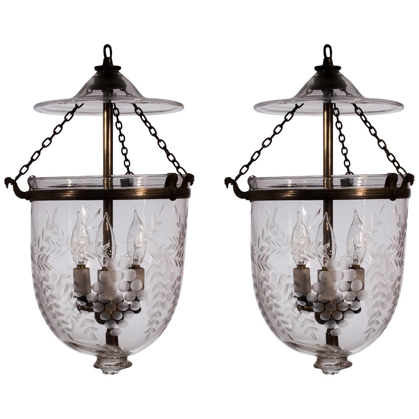 Pair of 19th Century Bell Jar Lanterns with Grape and Vine Etching