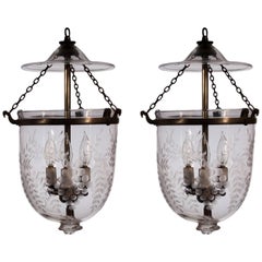 Antique Pair of 19th Century Bell Jar Lanterns with Grape and Vine Etching