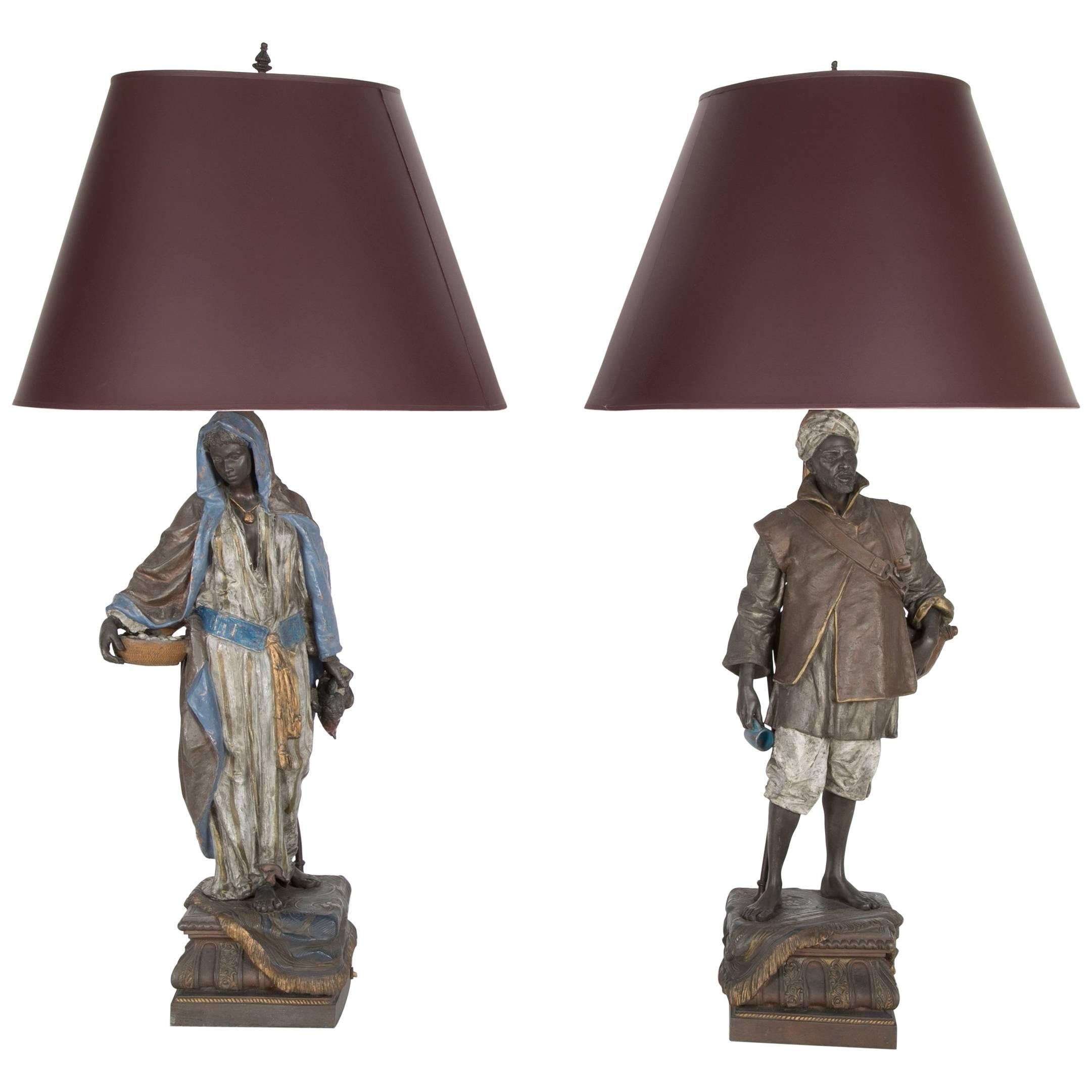 Large Pair of Polychrome Viennese Orientalist Cold Painted Spelter Lamps For Sale