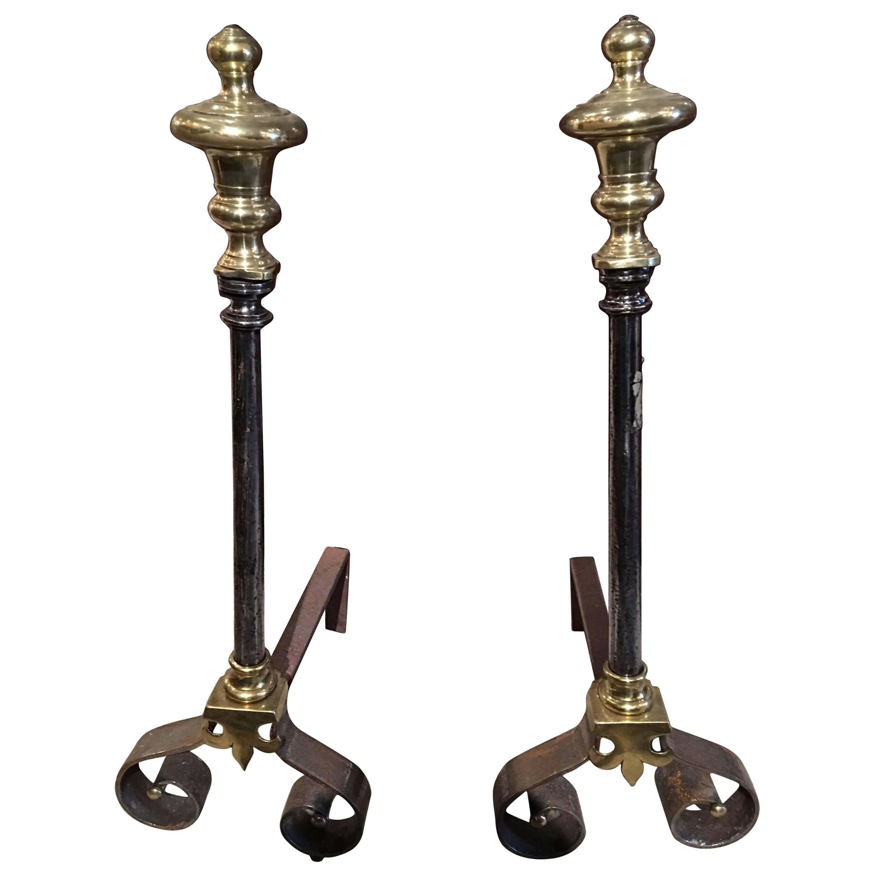 Pair of Polished Iron and Brass Chenets or Andirons, 19th Century For Sale