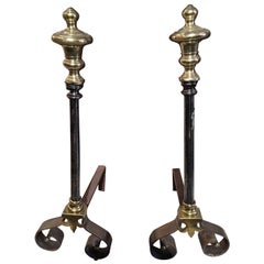 Pair of Polished Iron and Brass Chenets or Andirons, 19th Century