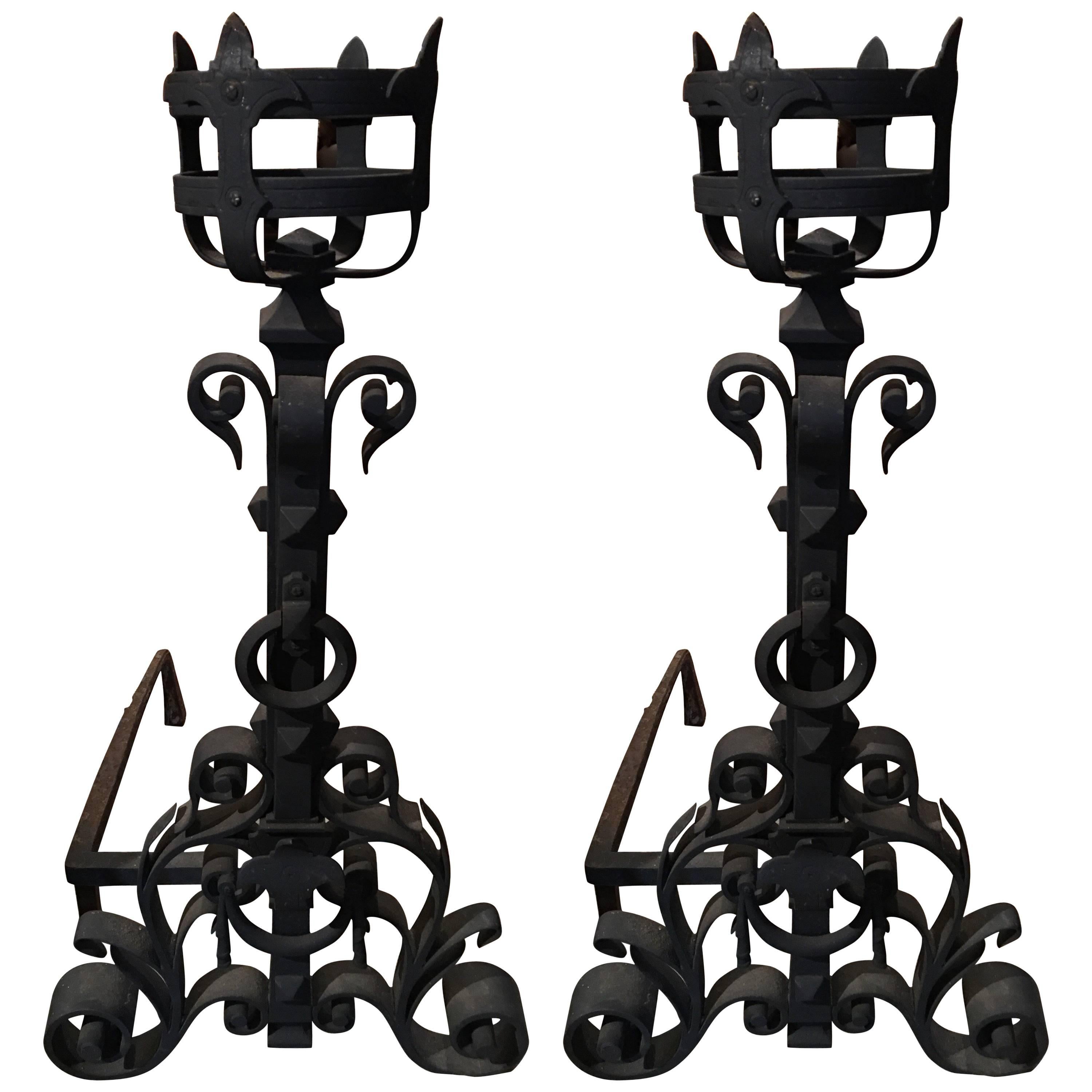 Pair of Iron Chenets or Andirons with a Basket Finial Top, 19th Century