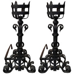 Antique Pair of Iron Chenets or Andirons with a Basket Finial Top, 19th Century