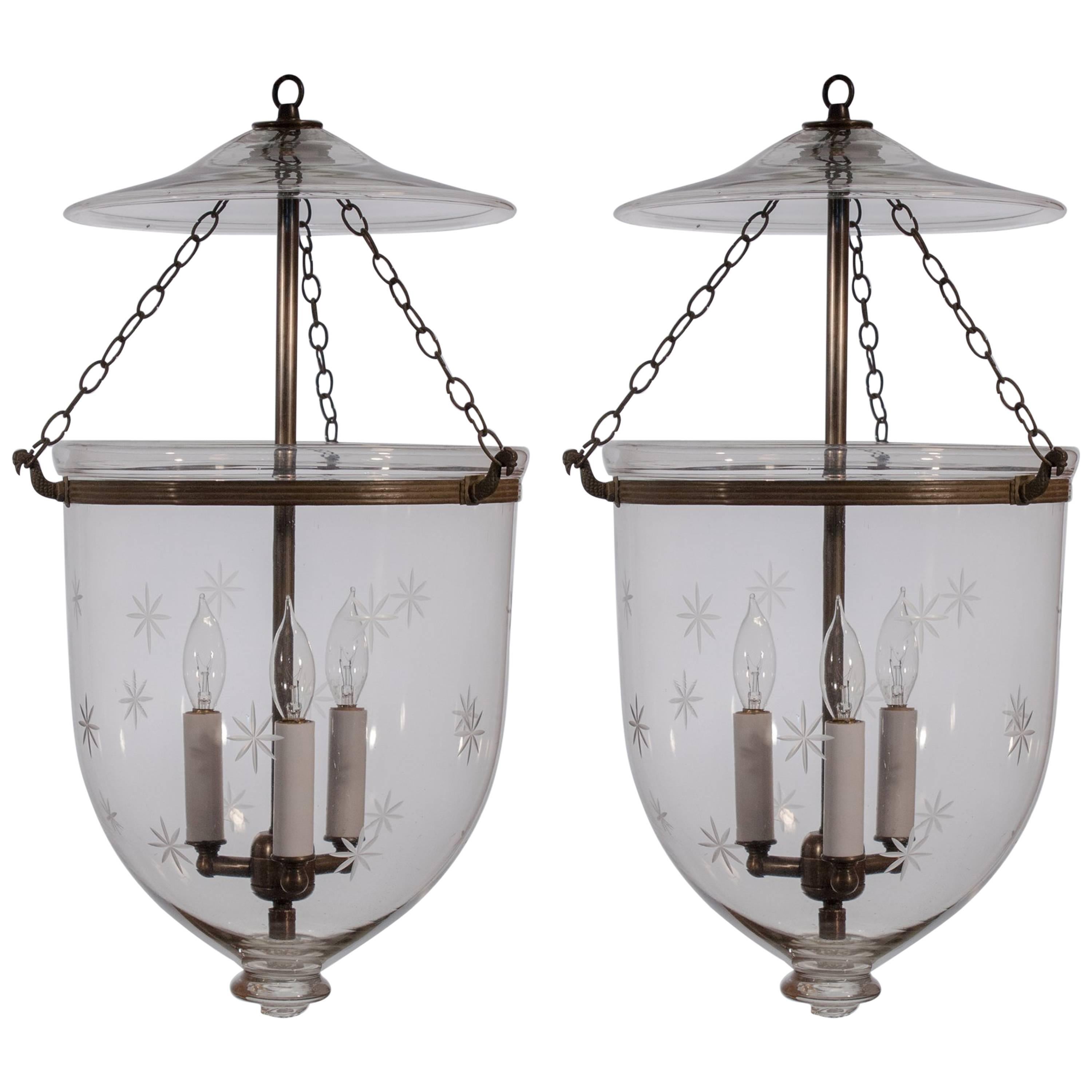 Pair of English Bell Jar Lanterns with Etched Stars