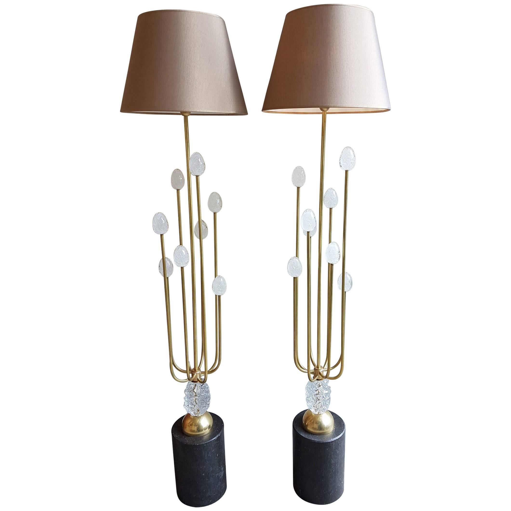 Pair of Brass Murano Glass & Black Stone Mid-Century Modern Floor Lamps