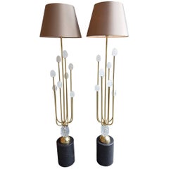 Pair of Brass Murano Glass & Black Stone Mid-Century Modern Floor Lamps