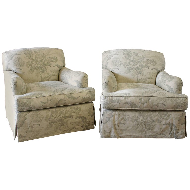 Pair of Modern English Roll Arm Swivel Chairs in French Toile Linen