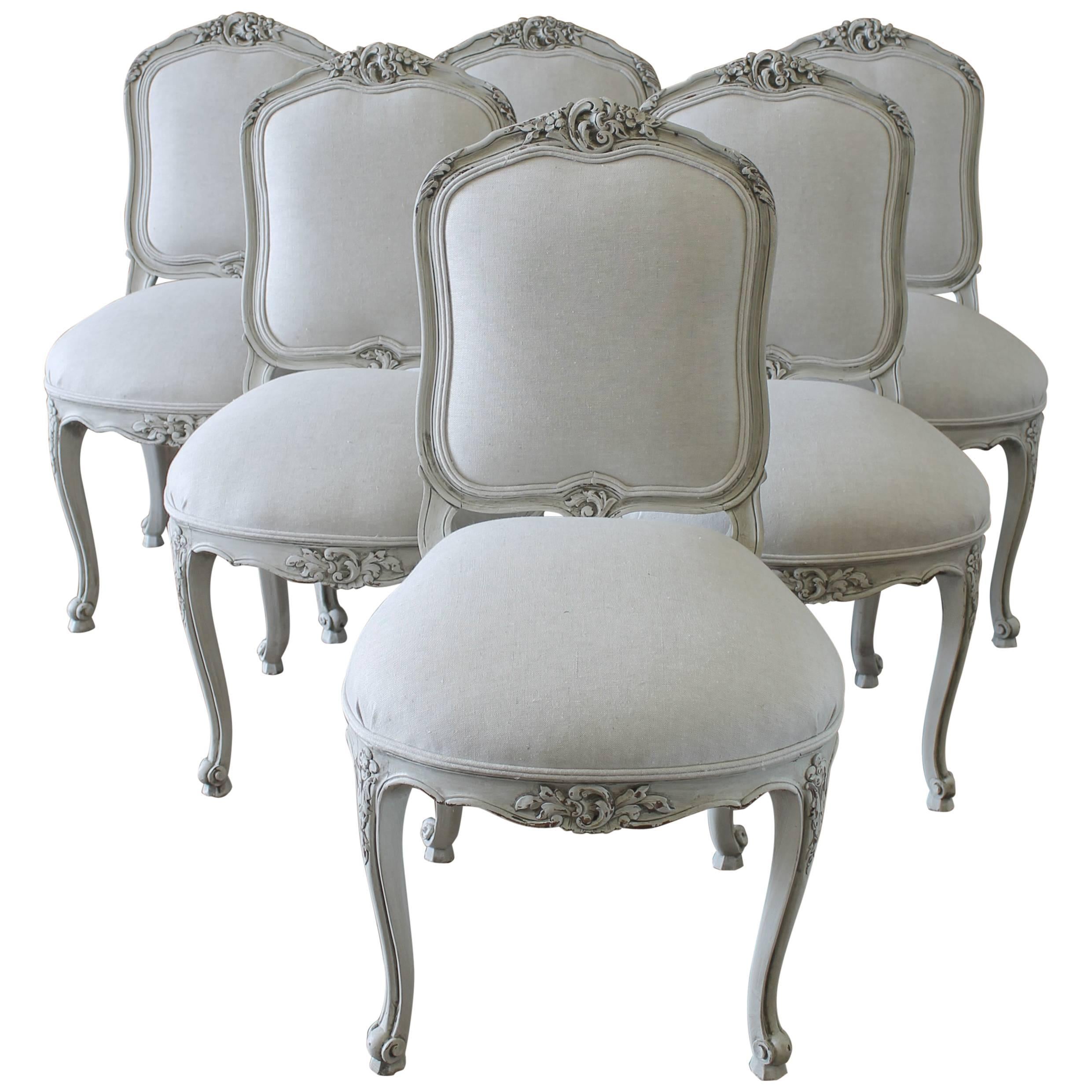 20th Century Set of Six Carved French Dining Chairs Upholstered in Belgian Linen