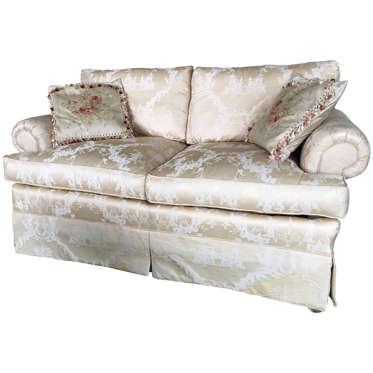 Upholstered Loveseat In A Beige Damask Silk Fabric 20th Century For Upholstered Loveseat In A Beige Damask Silk Fabric 20th Century For
