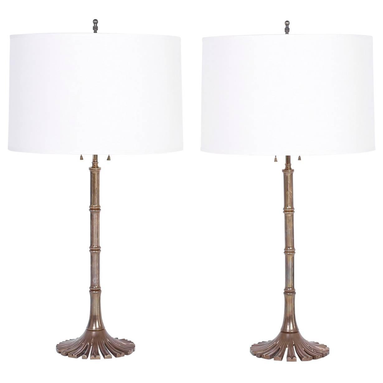 Pair of Midcentury Bronze Faux Bamboo Table Lamps