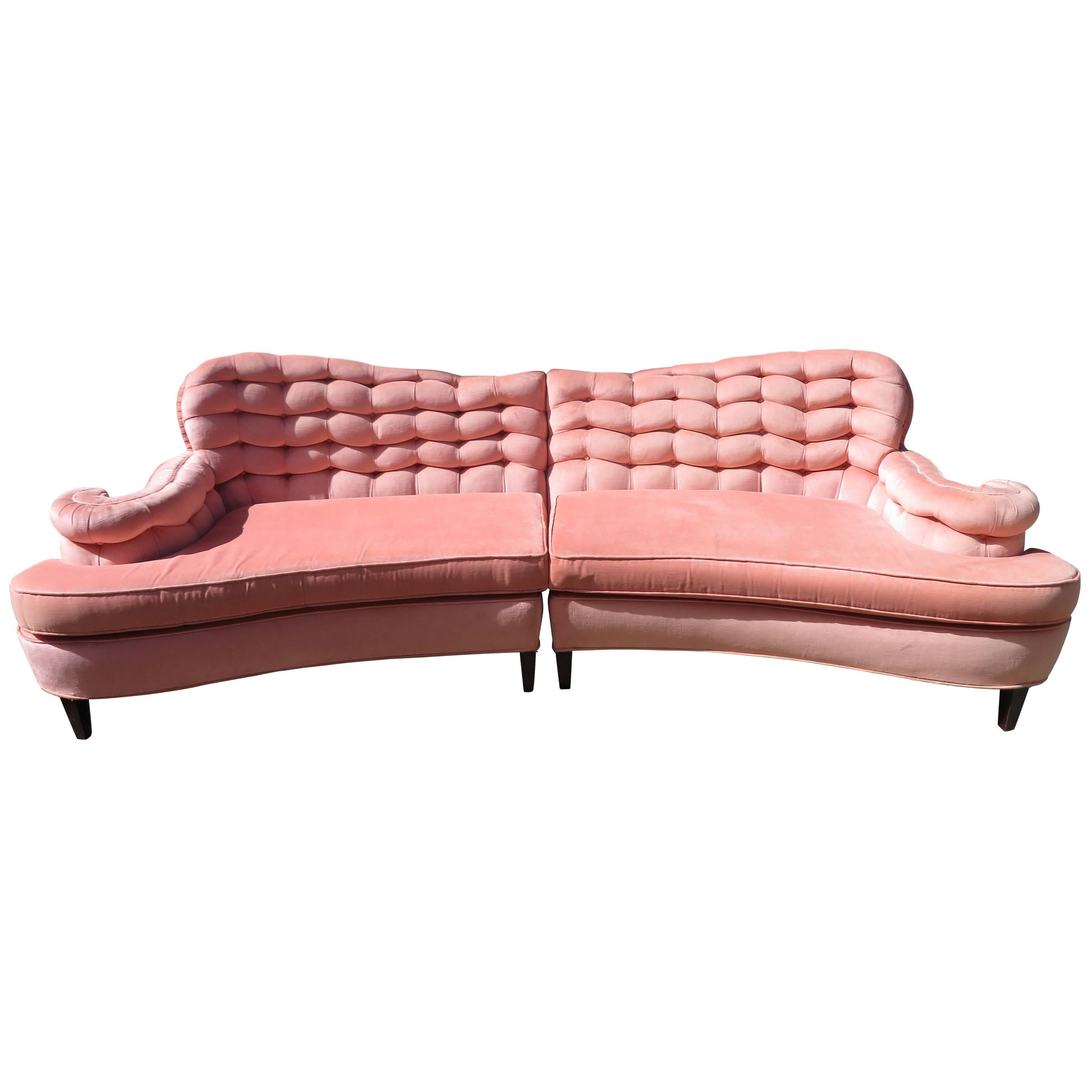 Glamorous Dorothy Draper Scrolled Arm Curved Two-Piece Sofa Hollywood Regency
