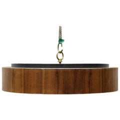 Round Flush Mount Light Fixture with Walnut Trim and Frosted Glass Diffuser