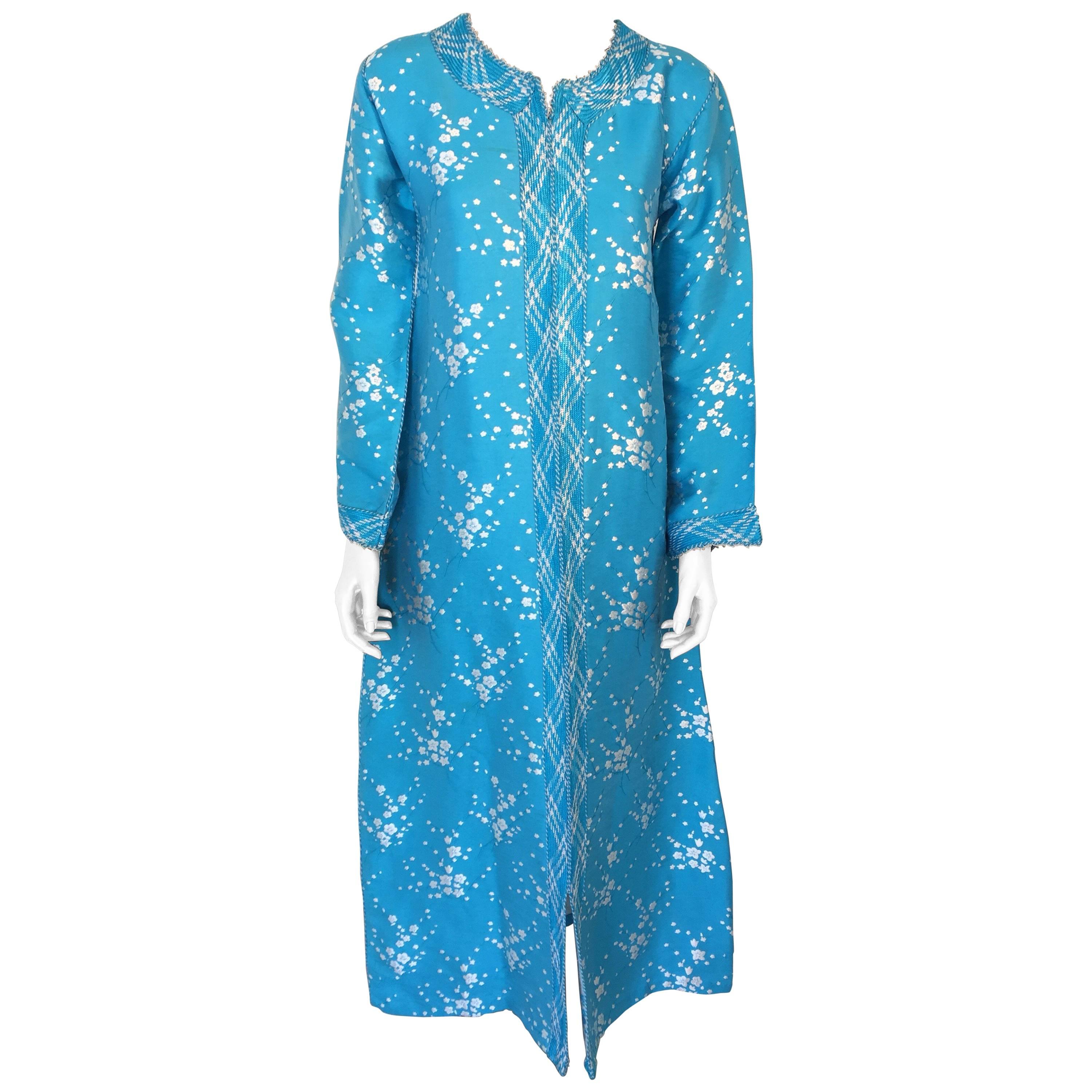 Vintage Moroccan Designer Kaftan Turquoise Maxi Dress Kaftan Small For Sale