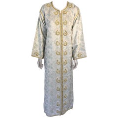 Vintage Moroccan Caftan, White Floral Brocade Kaftan Embroidered with Gold Threads