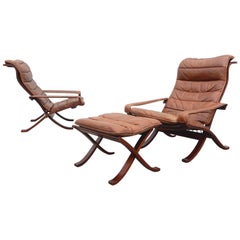 Ingmar Relling for Westnofa Siesta Safari Lounge Chairs Pair Plus Ottoman