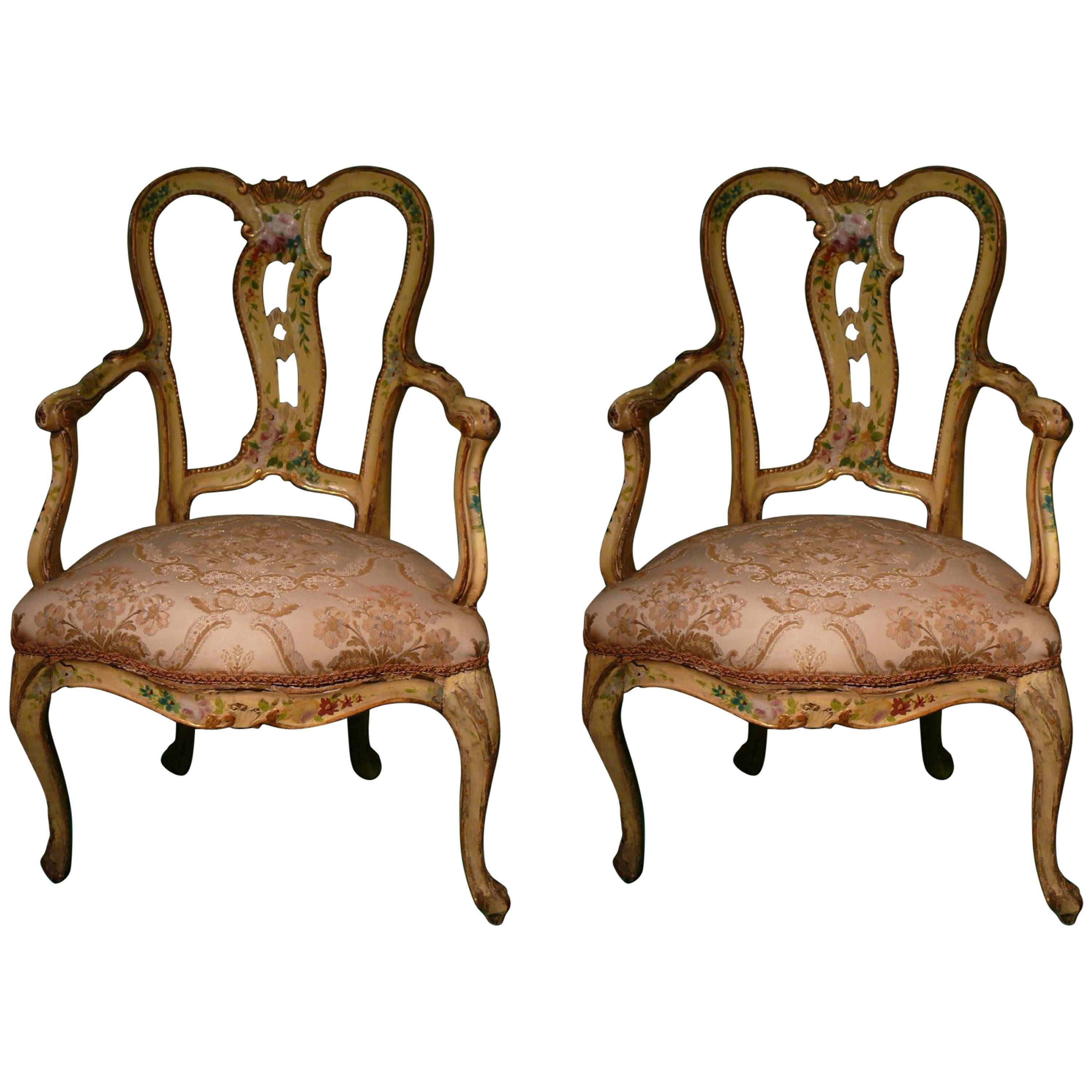 Authentic Pair of Louis XV Lacquered Armchairs, Venice