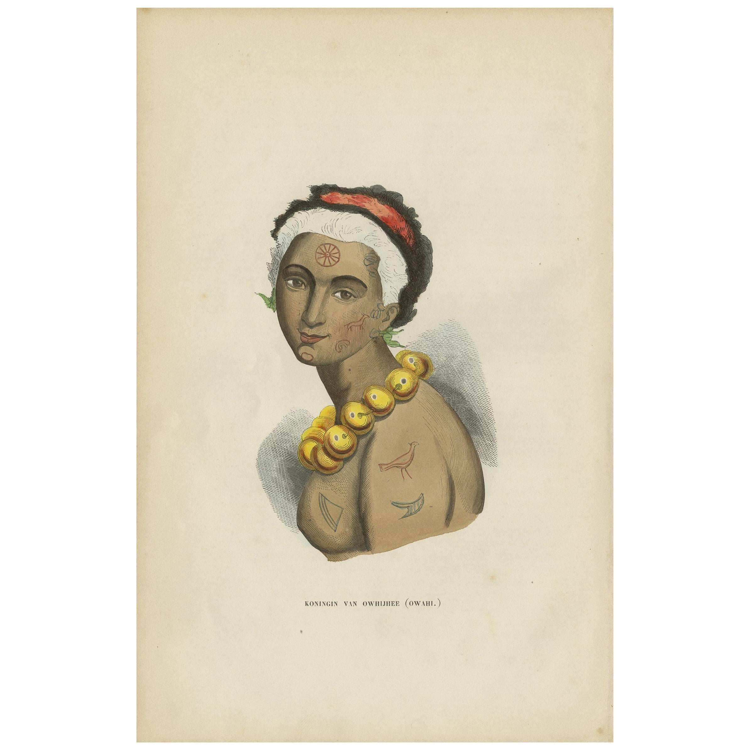 Antique Print of the Queen of Owyhee Island ‘Hawaii’ by H. Berghaus, 1855