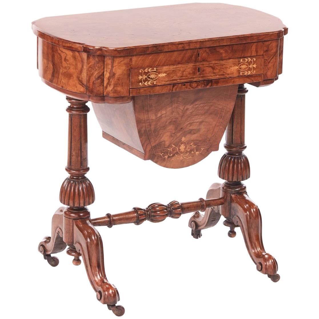 Outstanding Victorian Freestanding Inlaid Burr Walnut Writing or Sewing Table For Sale