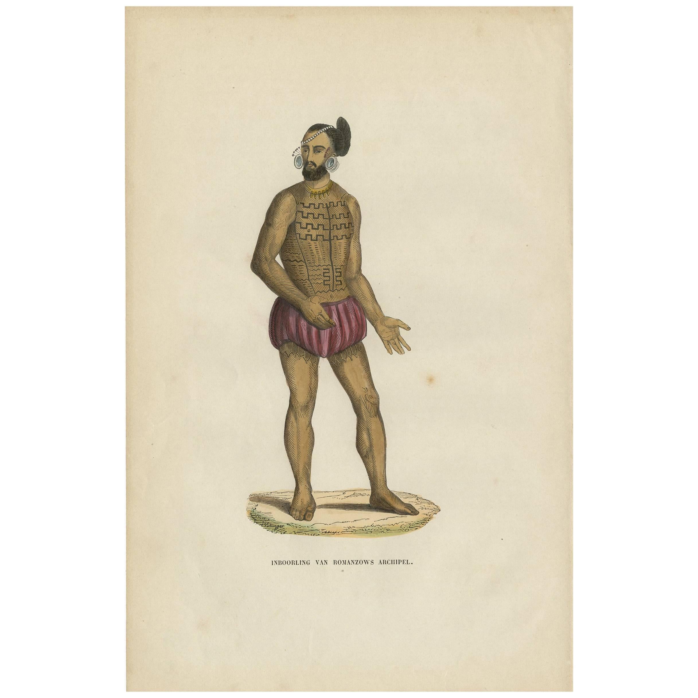 Antique Print of an Inhabitant of the Romanzoff Archipelago by H. Berghaus, 1855 For Sale