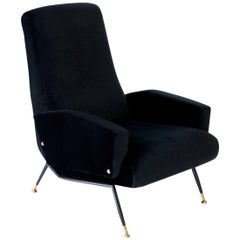 Italian Mid-Century Black Velvet and Brass Lounge Armchair by Nino Zoncada, 1950
