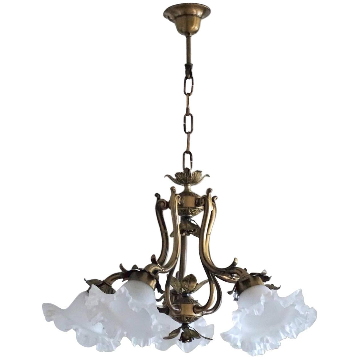 Midcentury Brass Five-Light Chandelier with Frosted Glass Shades