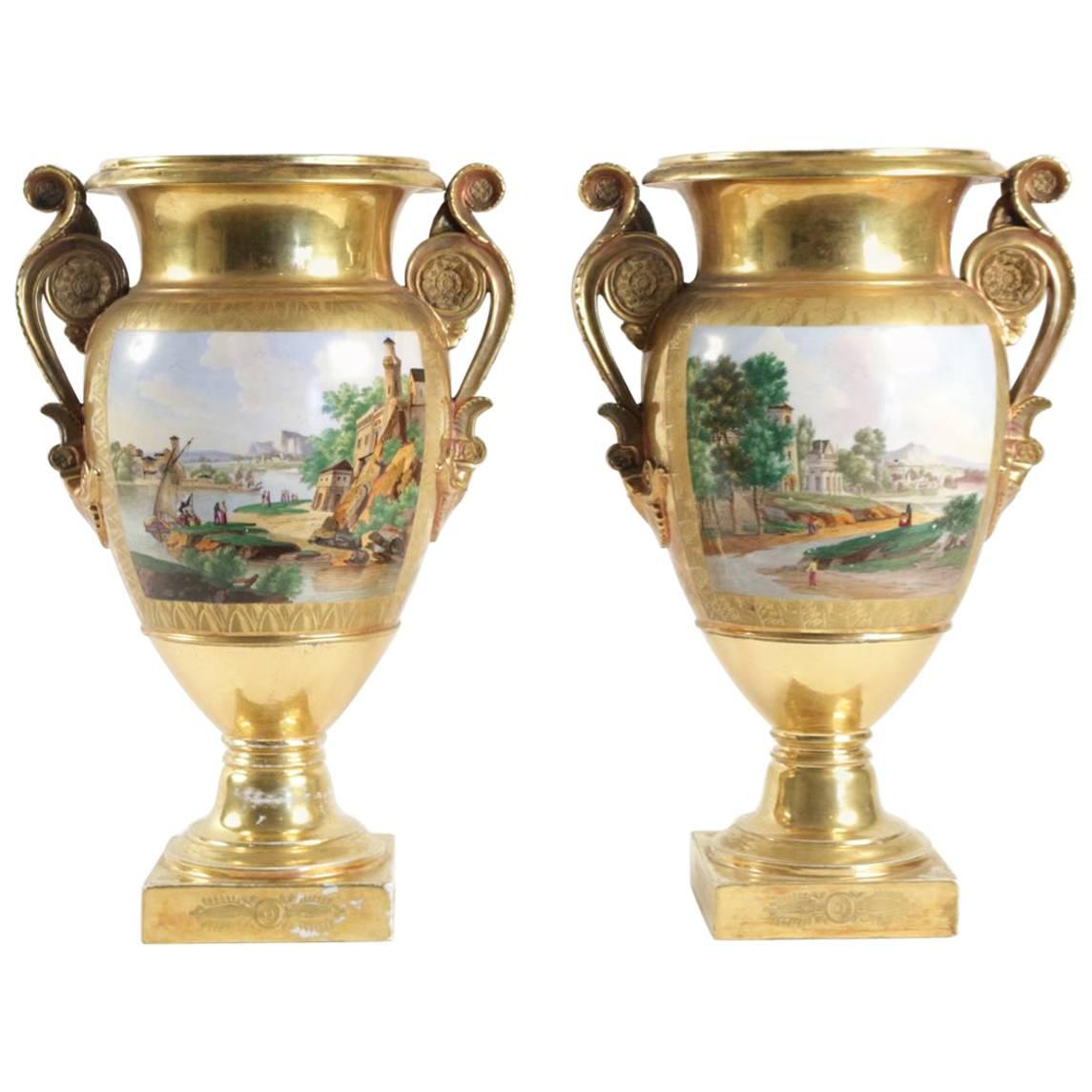 Pair of Vases in Old Paris Porcelain, Period Charles X