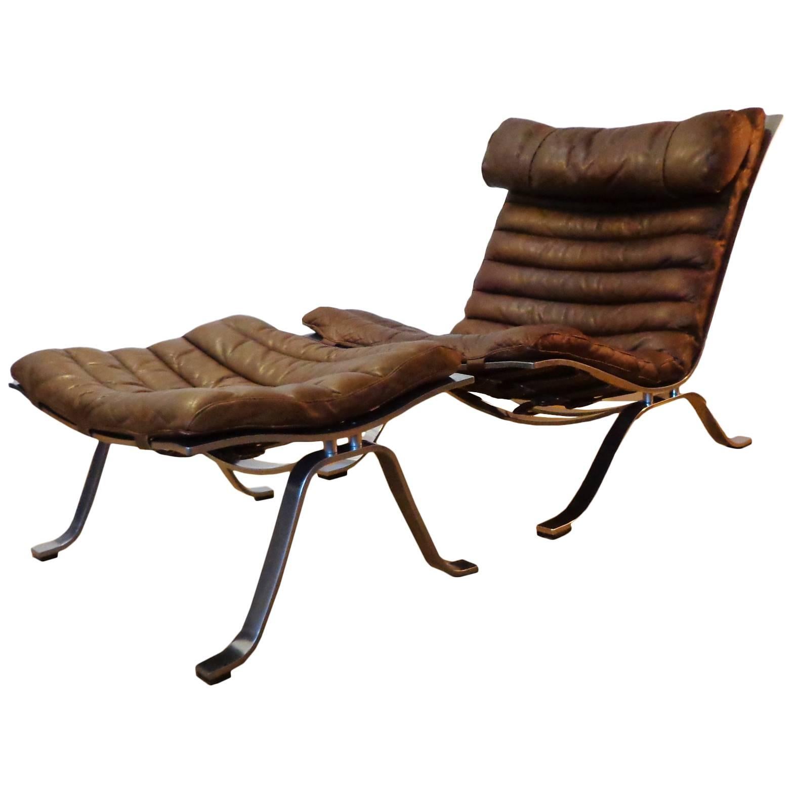 Arne Norell ‘Ari’ Lounge Chair and Ottoman in Original Cognac/Brown Leather