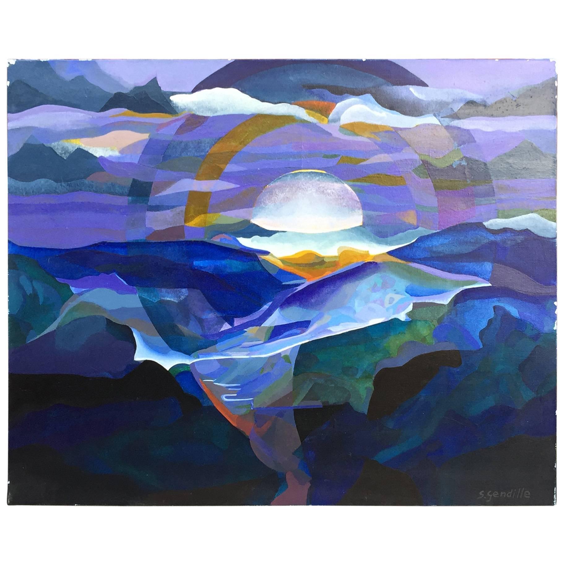 Simone Gendille, « coucher de soleil bleu », acrylique sur toile, signée en vente