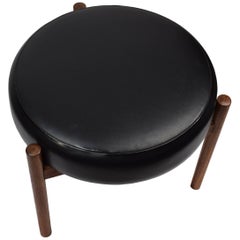 Danish Midcentury Black Imitated Leather Teak Ottoman, Hugo Frandsen, Spøttrup