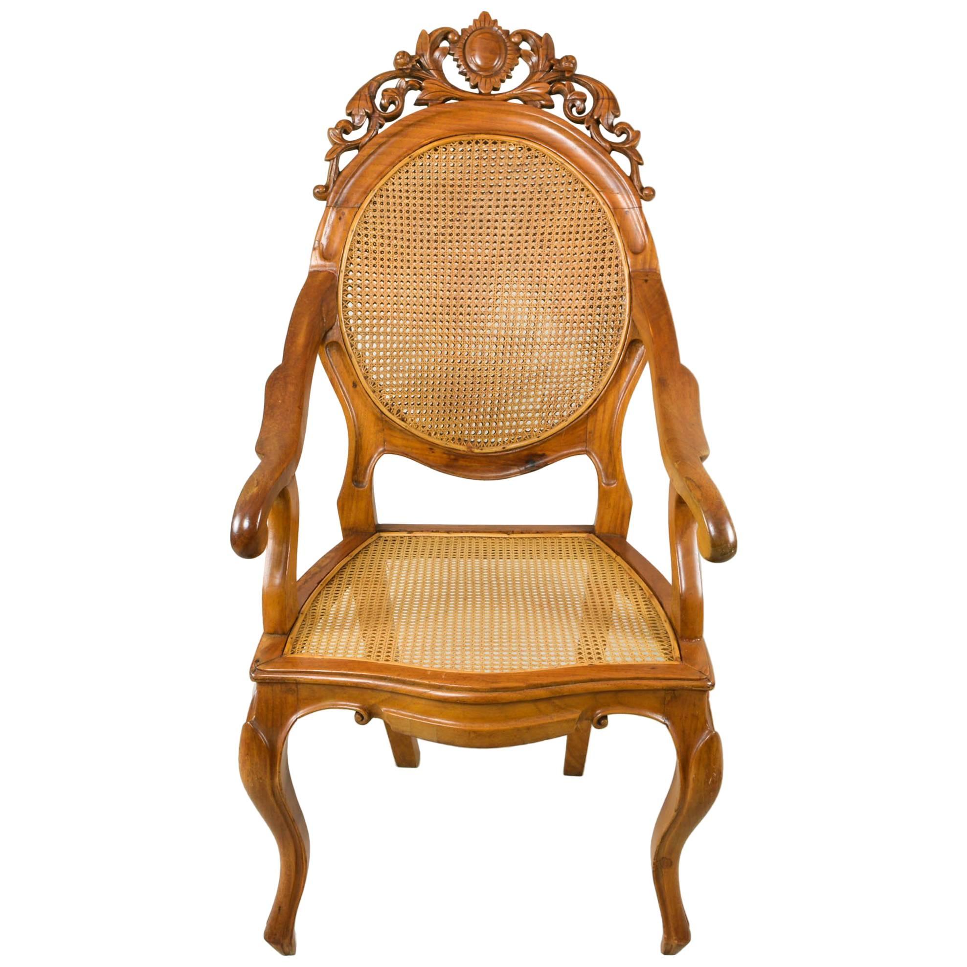 Vintage Carved Accent Chair with Caned Seat and Back For Sale