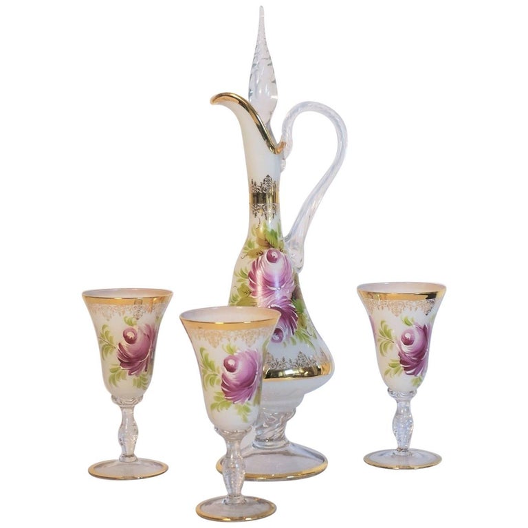 Italian Vintage White Opaline Crystal Glass HandPainted Carafe and