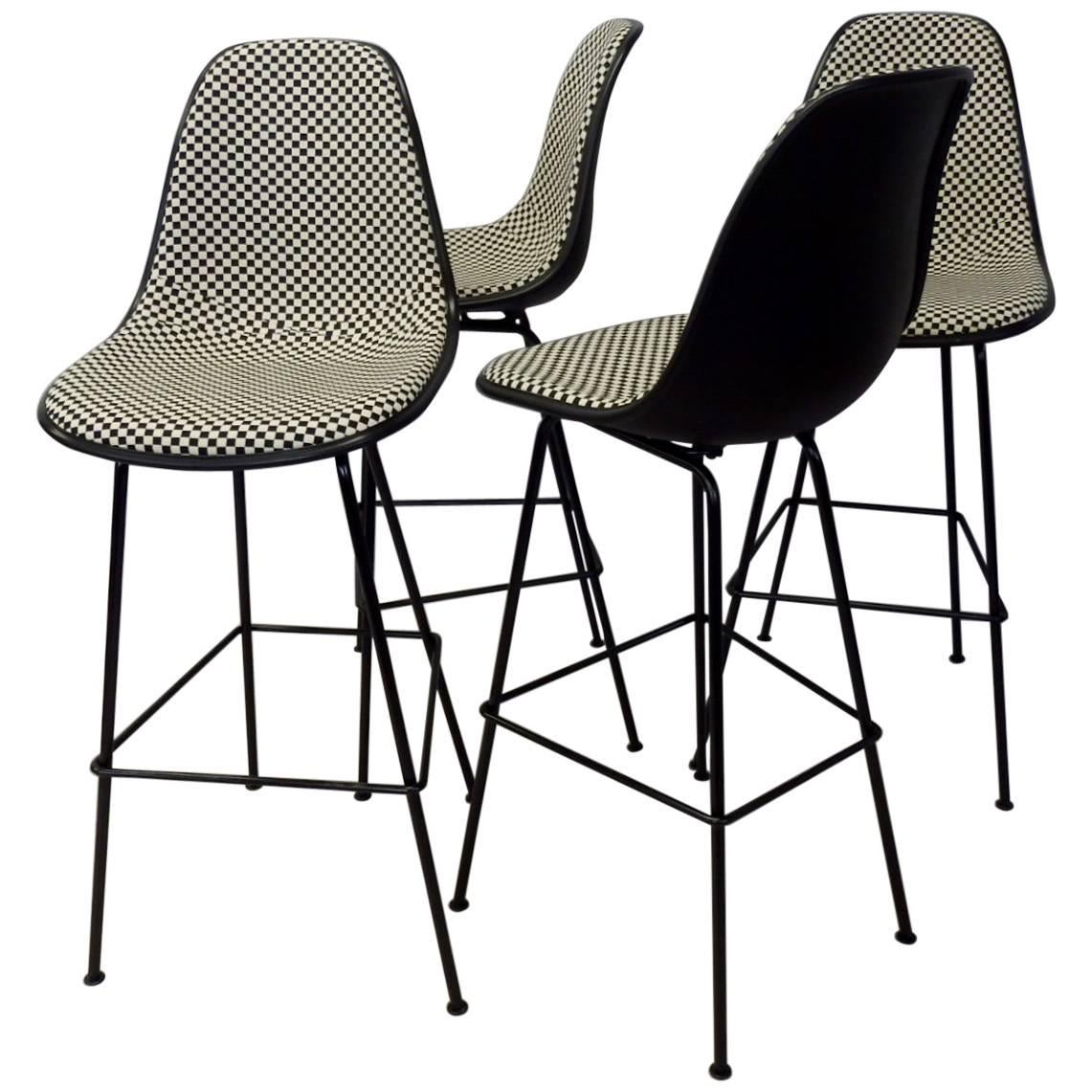 Four Eames Herman Miller Bar Stools with Girard black white Checkerboard Fabric