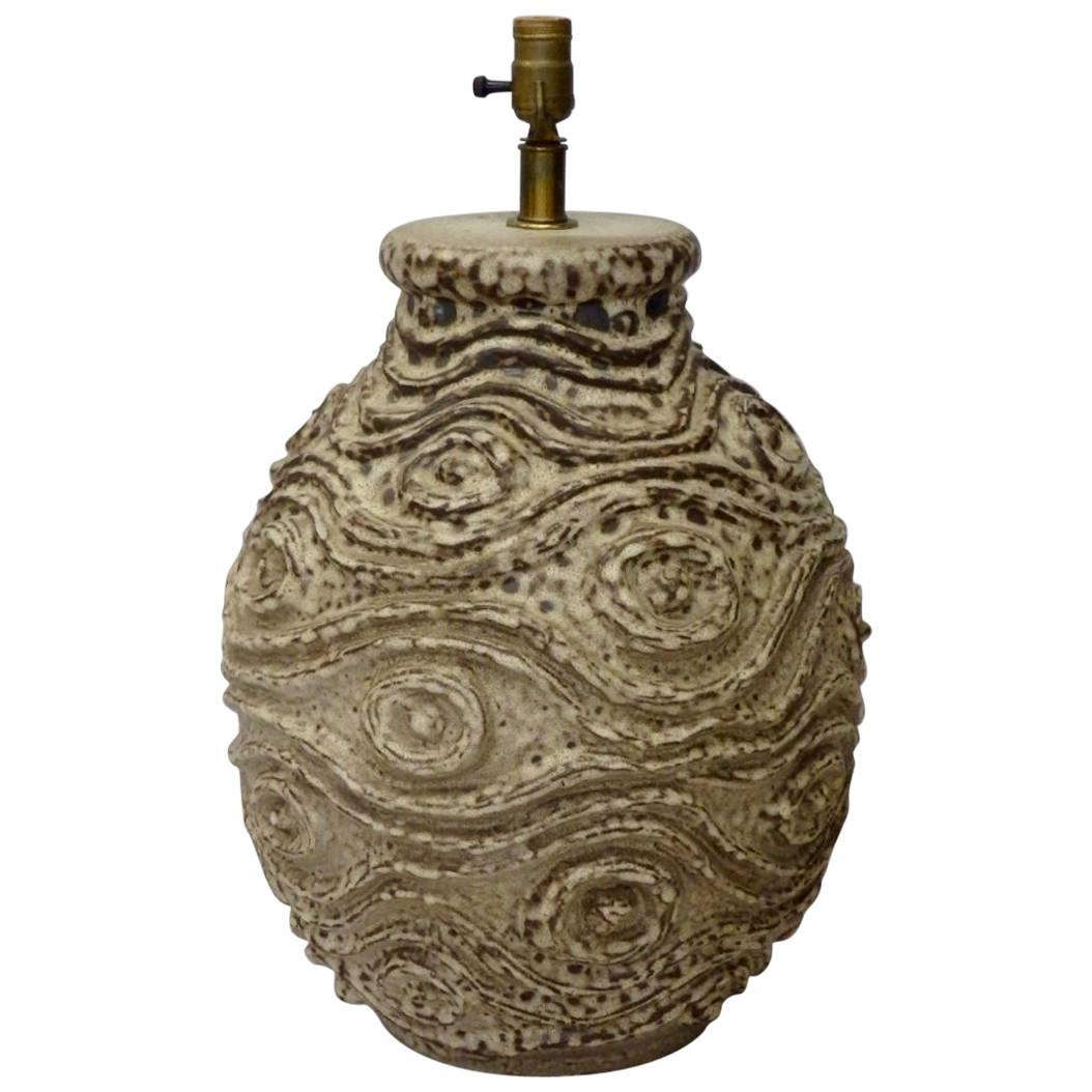 Deeply Textured Large Bulbous Form Pottery Table Lamp  For Sale