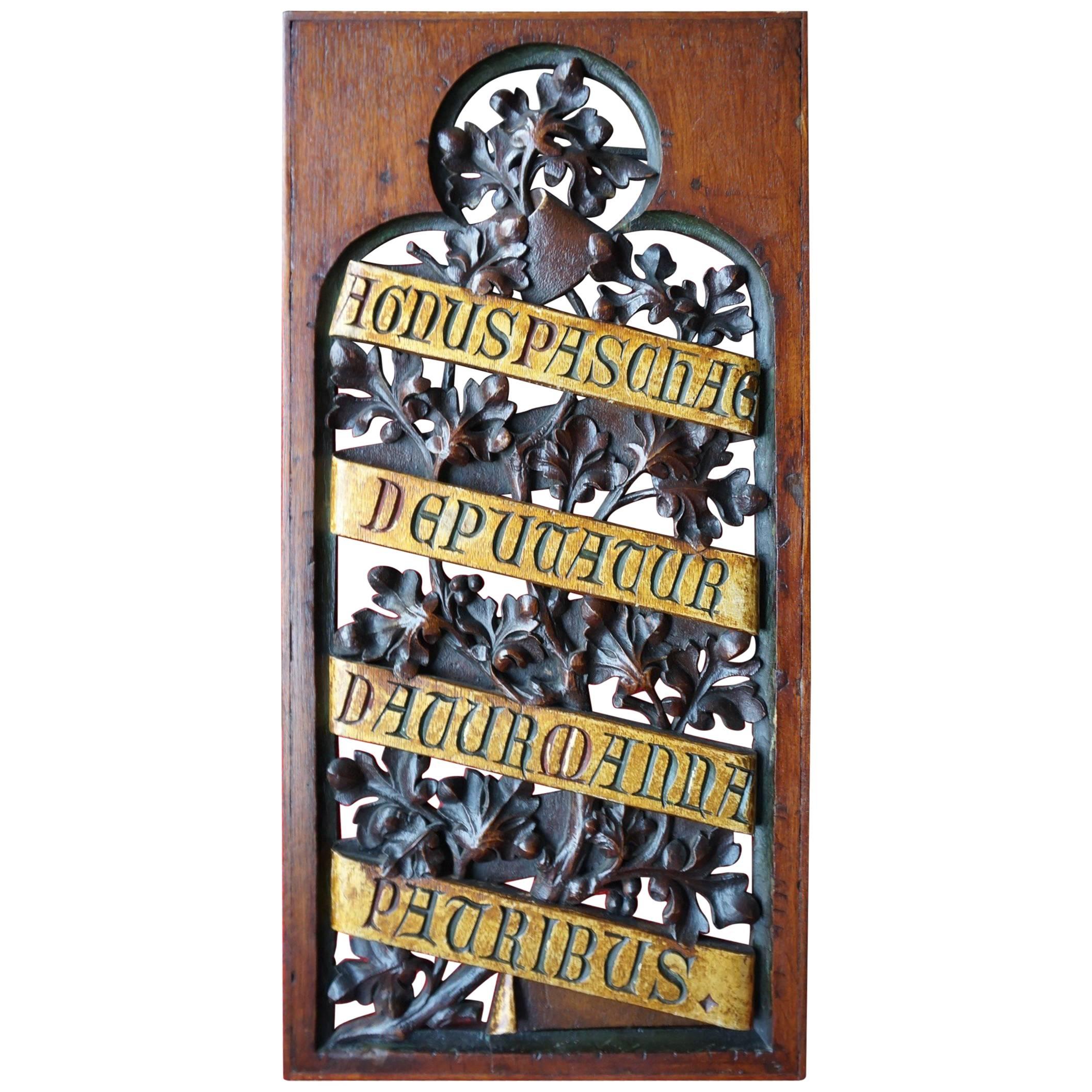 Hand-Carved and Gilt Gothic Revival Panel w. Easter Lamb Related Latin Phrase