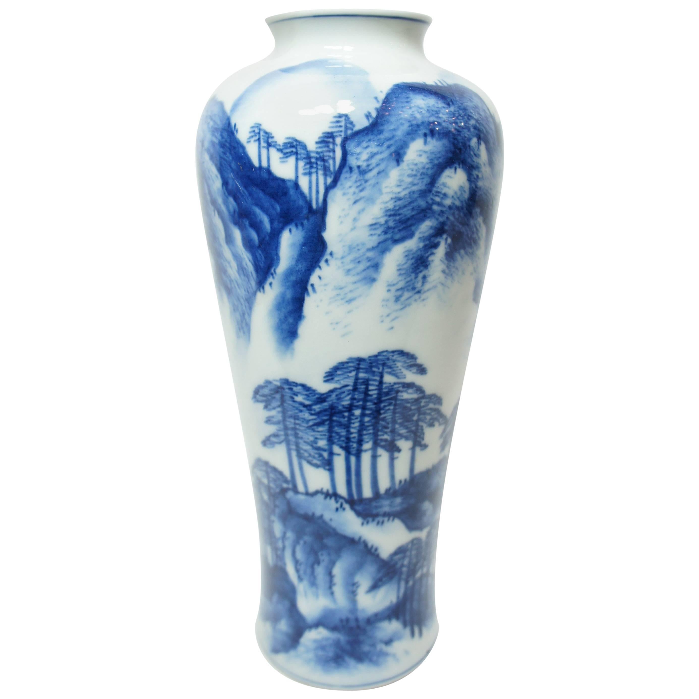 Japanese Indigo Blue Chinese Style Landscape on White Porcelain Imari Vase 1950s