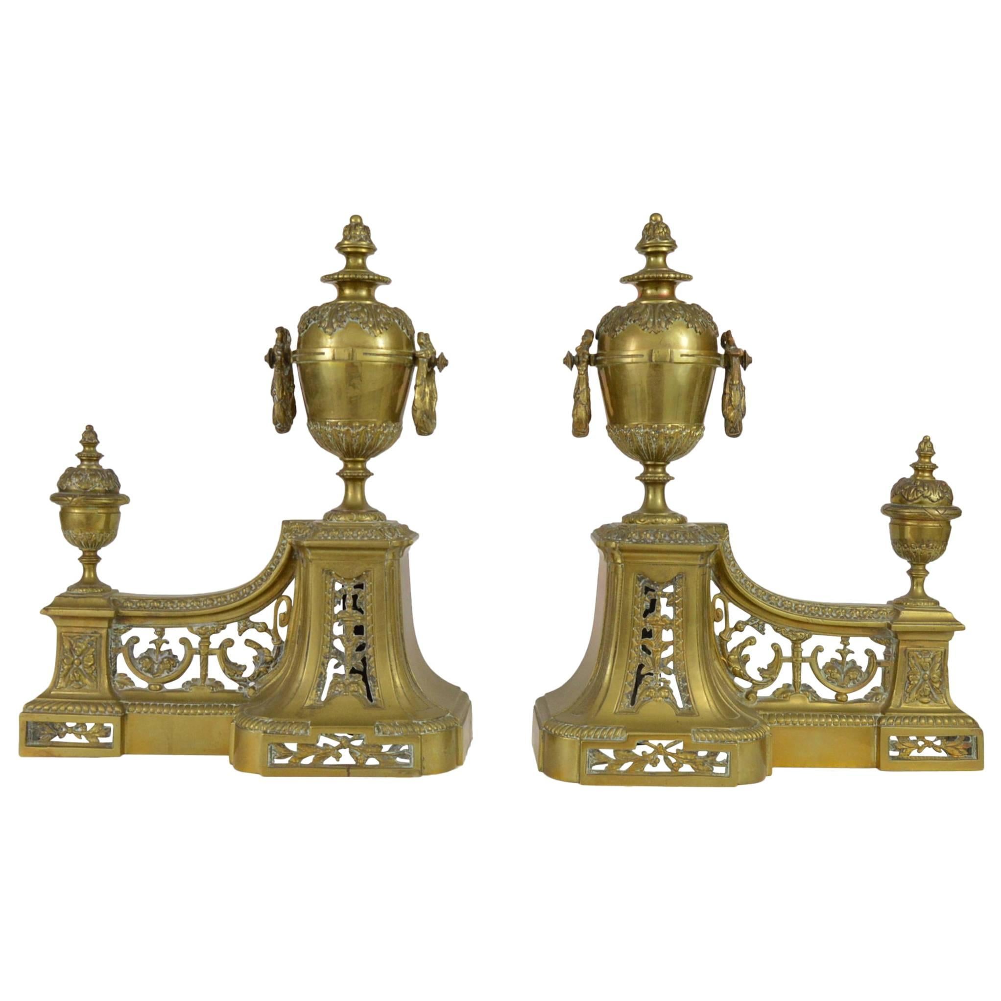 Pair of Antique French Louis XVI Style Bronze Andirons, 19th Century