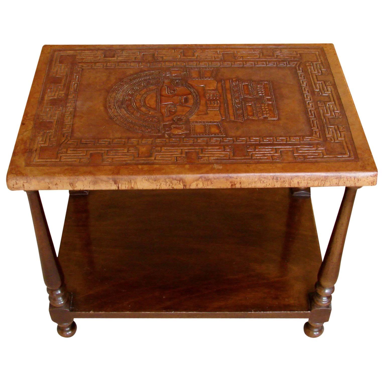 Mexican Tooled Leather-Topped Hardwood Occasional Table with Lower Shelf