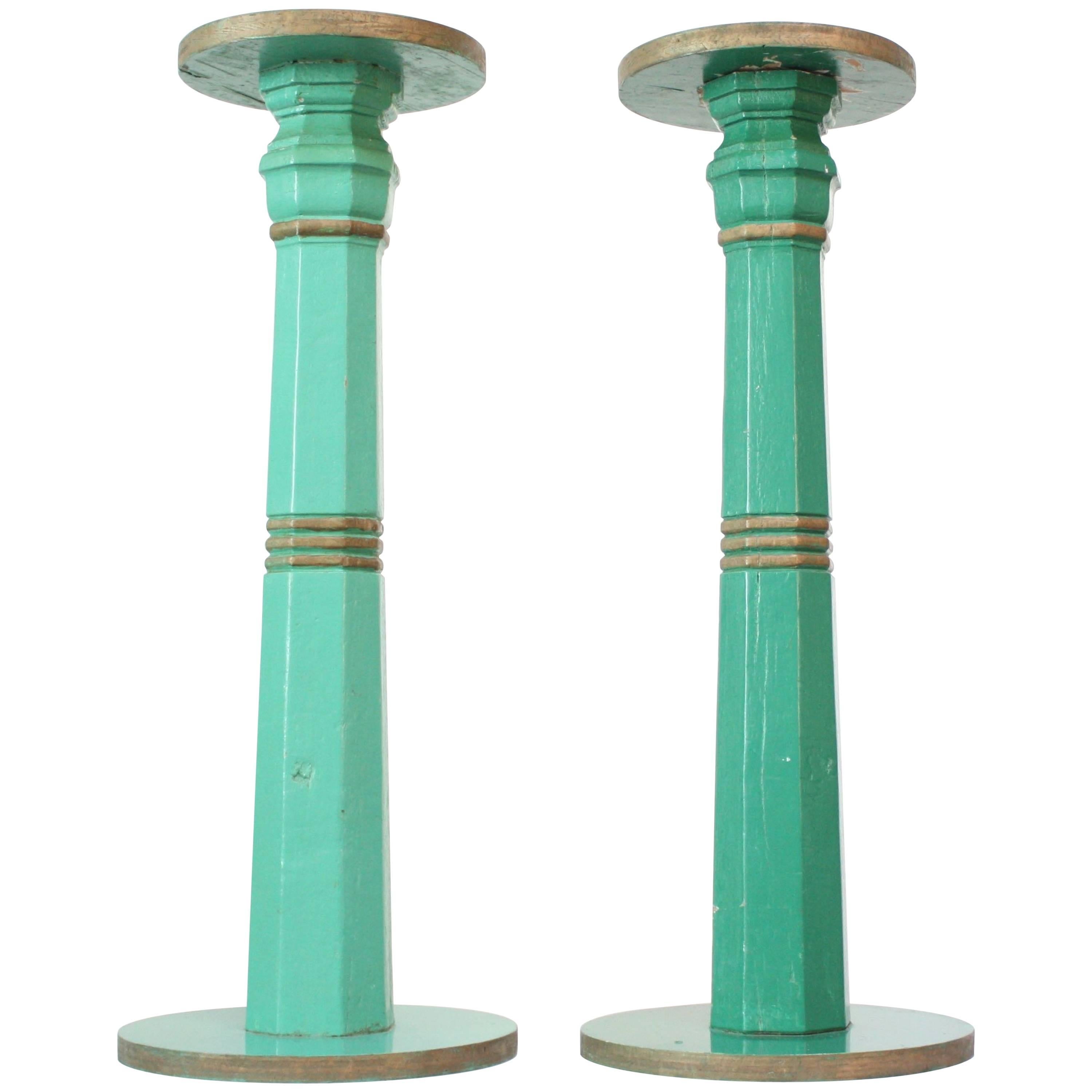 Pair of Mid-20th Century Primitive Pedestals in Mint Green