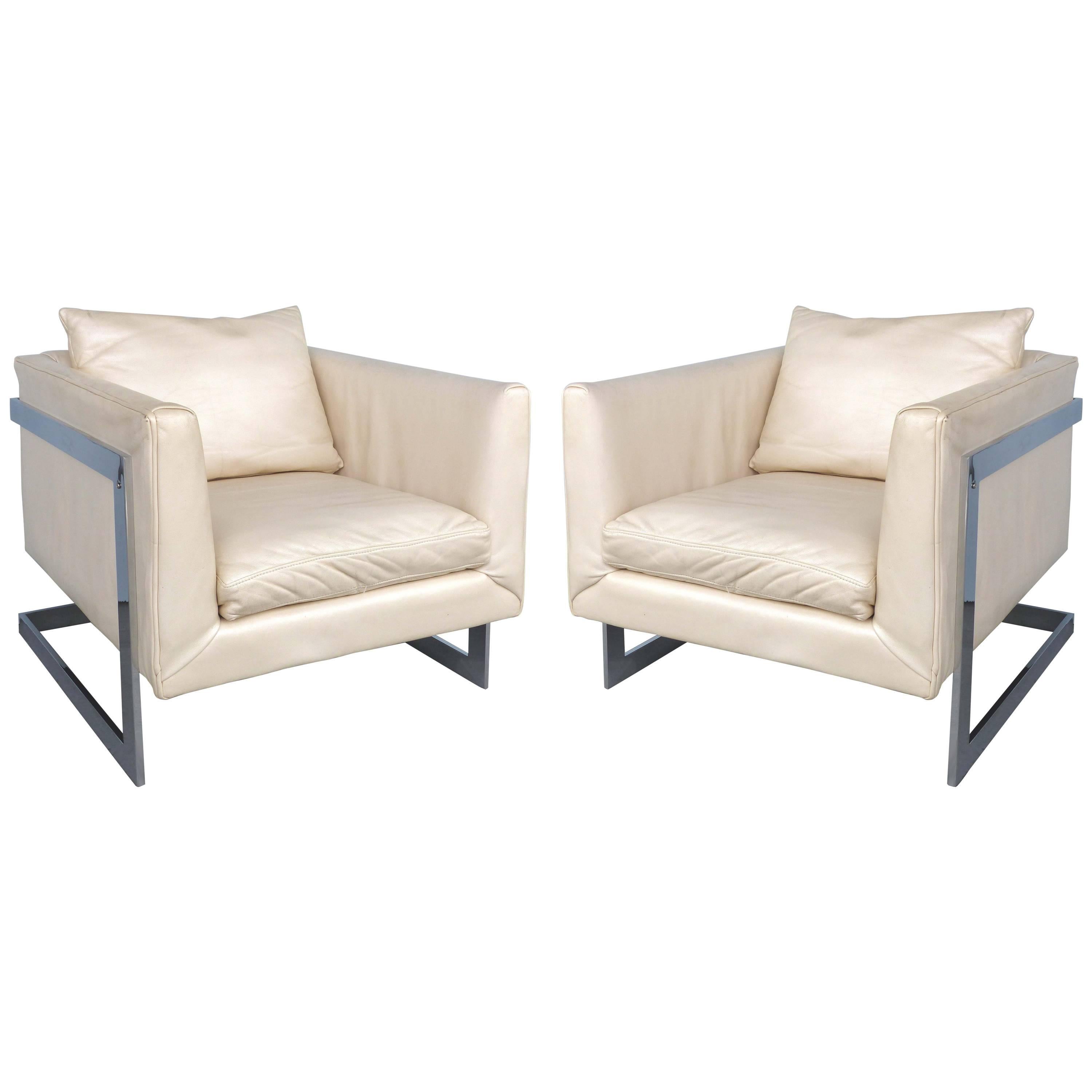 Midcentury Milo Baughman Cantilevered Chrome and Ivory Leather Club Chairs, Pair