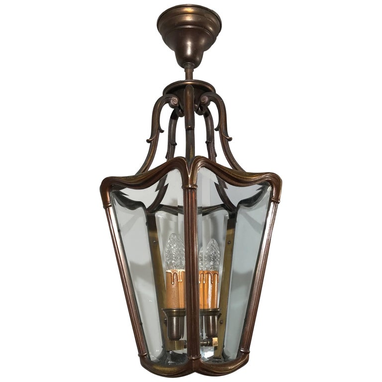 Early 20th Century Bronze and Beveled Glass Stylish Design Lantern