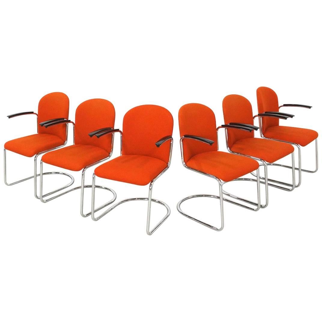 Set of Six Orange Cantilever Chairs from WH Gispen Model 413 R, Dutch Originals For Sale