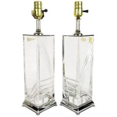 Pair of Italian Hollywood Regency Cut Crystal and Chrome Table Lamps
