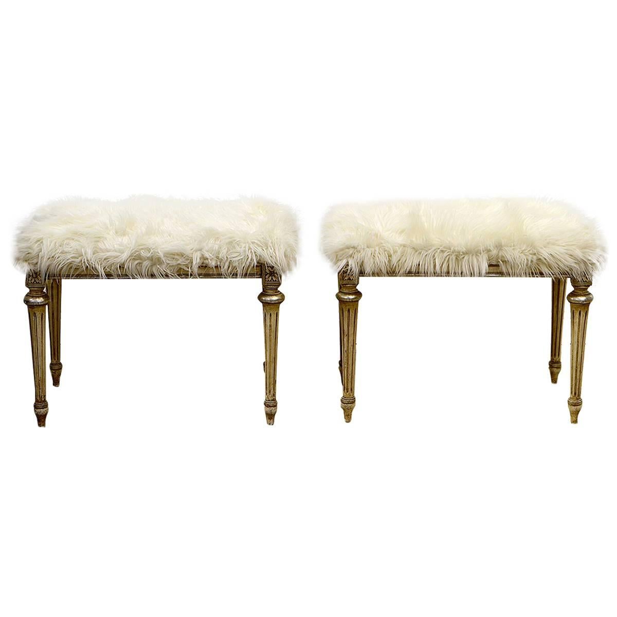 Pair of Chic Hollywood Regency Louis XVI Style Faux Fur Covered Benches