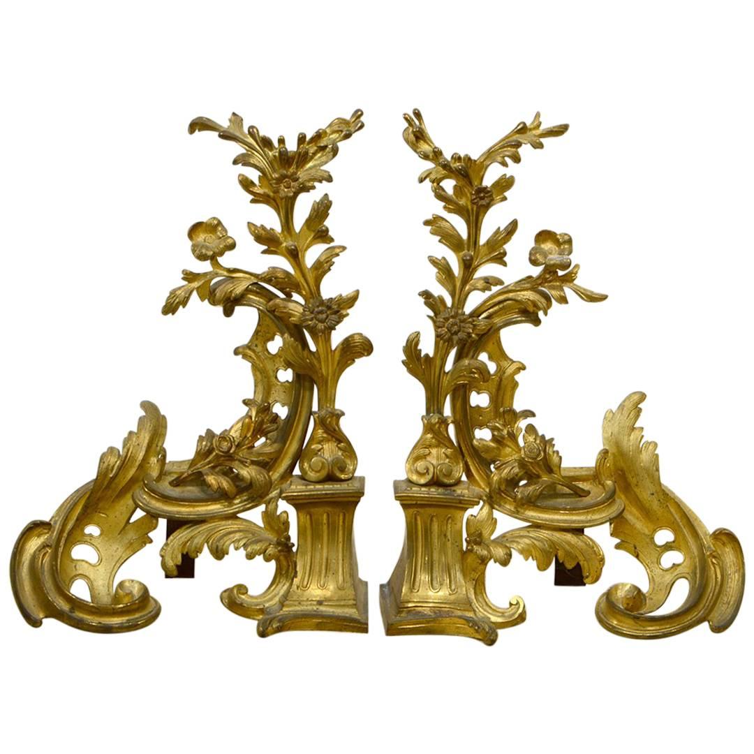 Pair of French Louis XV Style Richly Modeled Gilt Bronze Chenets