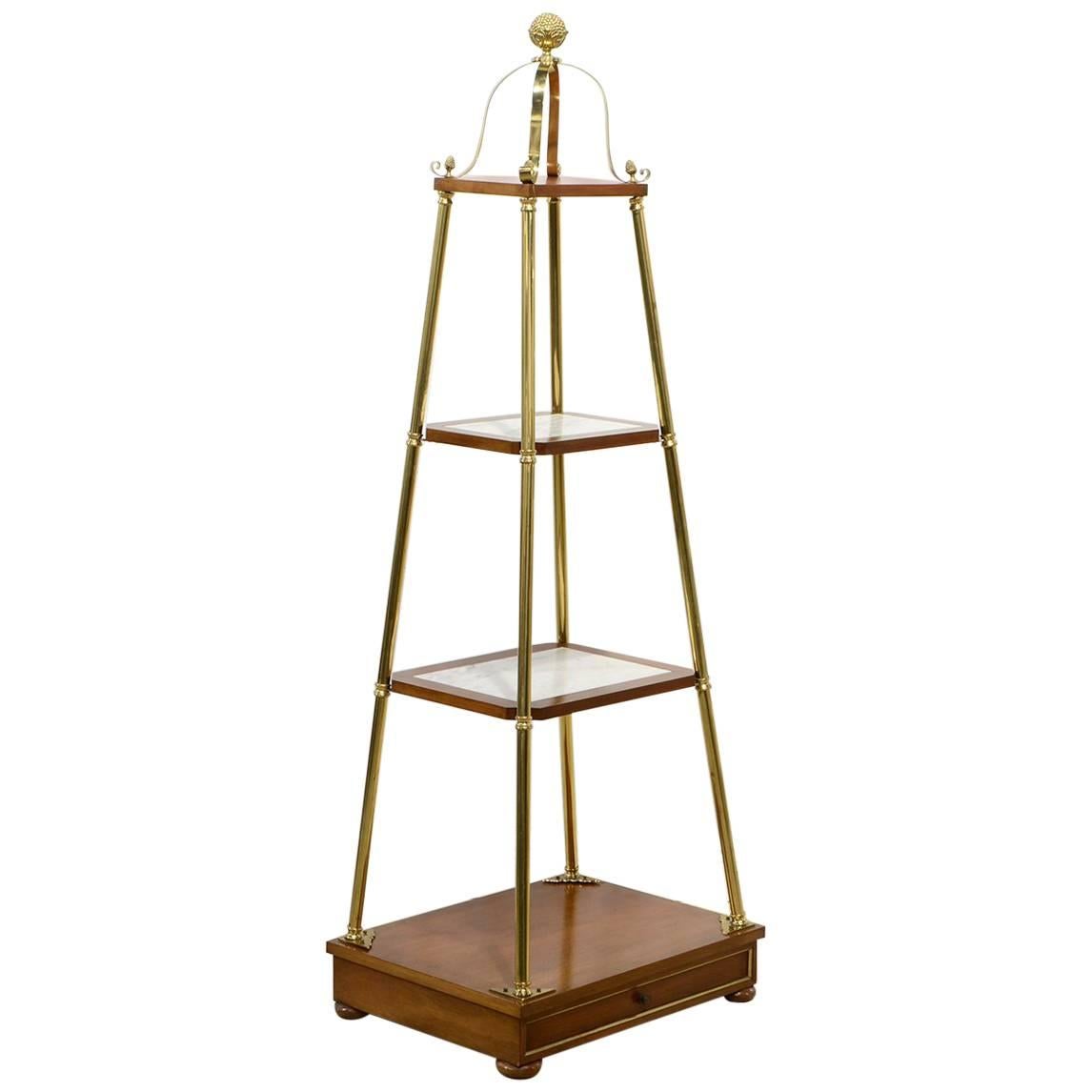 Unique Midcentury Obelisk Shape Brass, Mahogany and Marble Display Etagere
