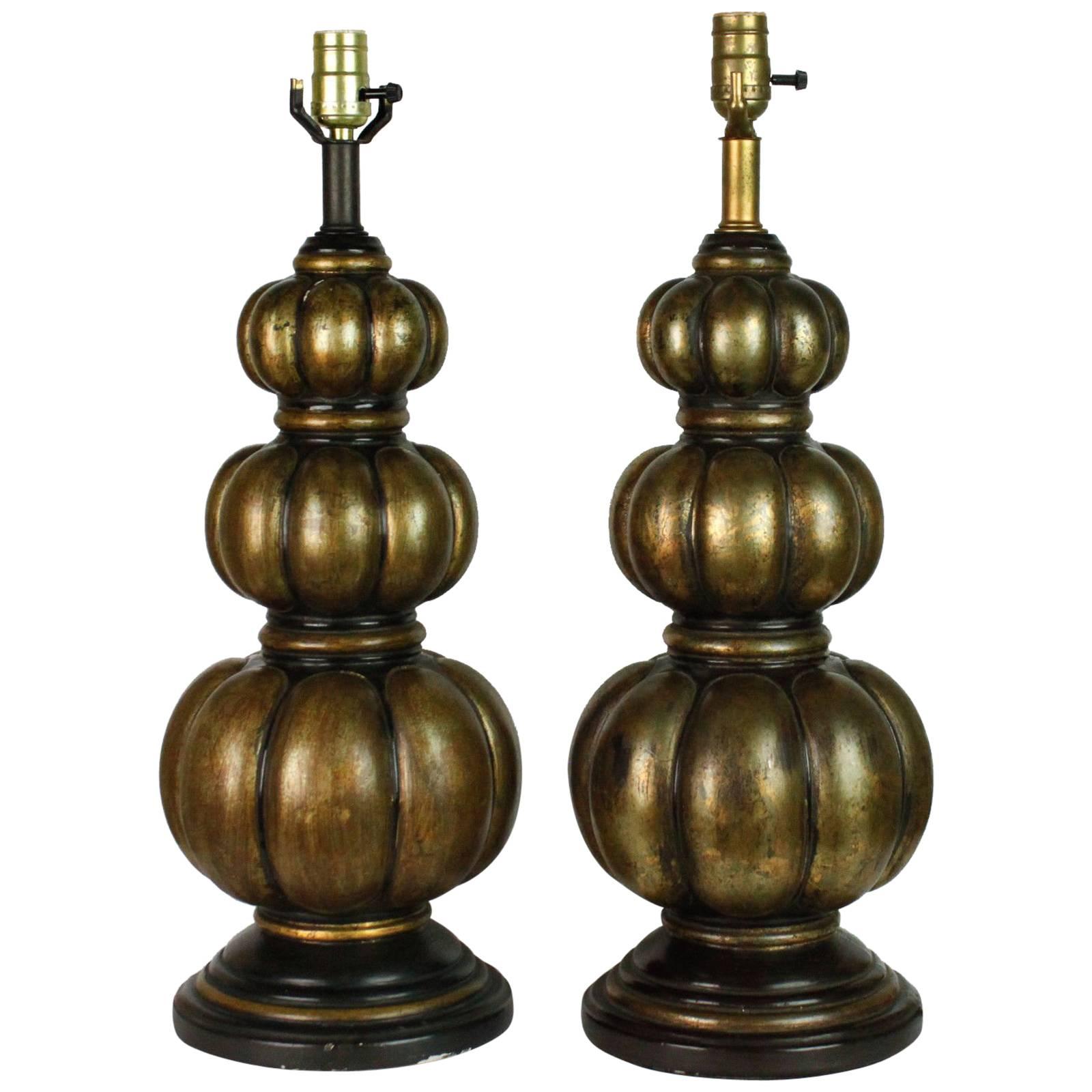 Pair of Midcentury Bronze Patina Gourd Lamps For Sale