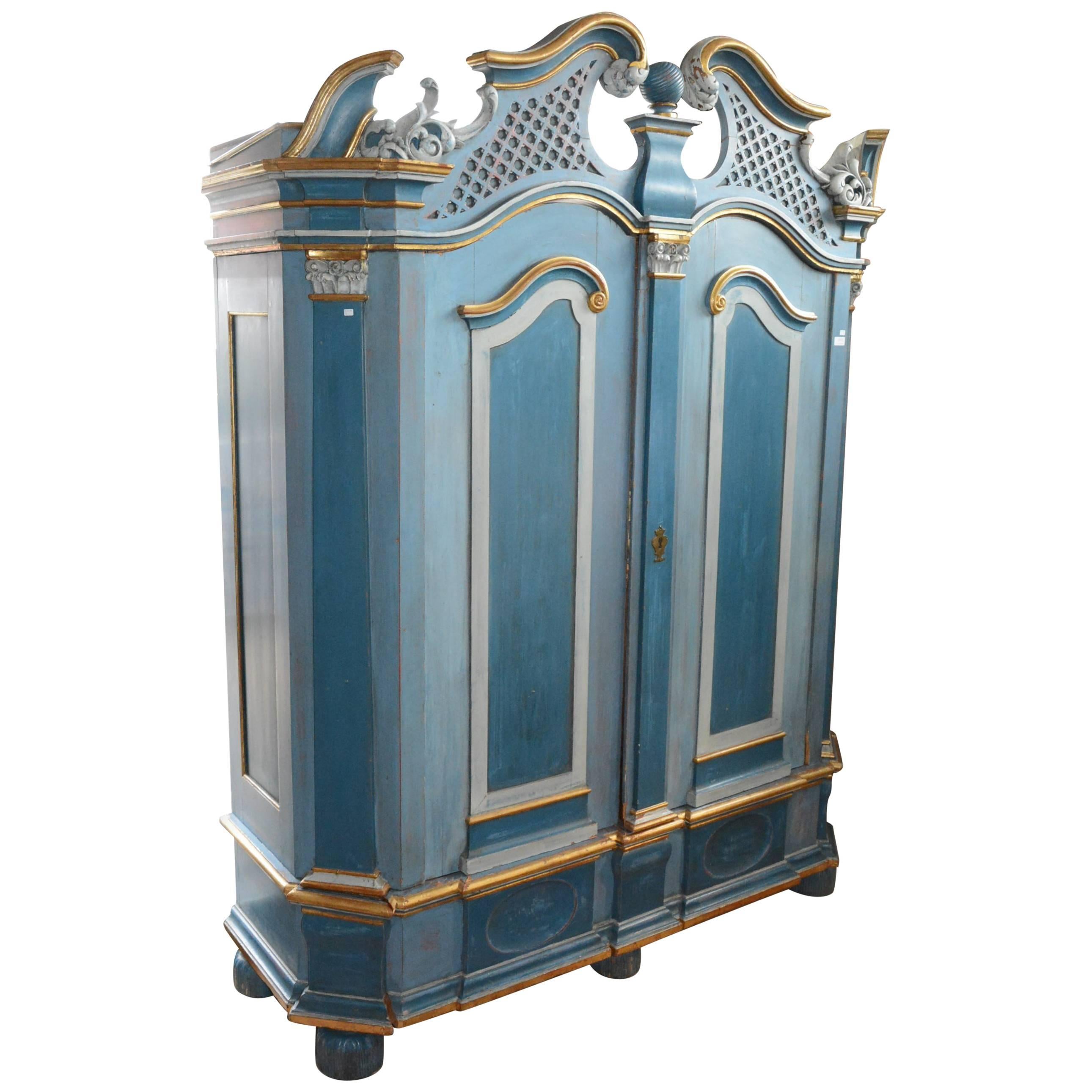 Sculpted Wood Buffet with Blue and Gilt Patina, German or Austrian Work For Sale