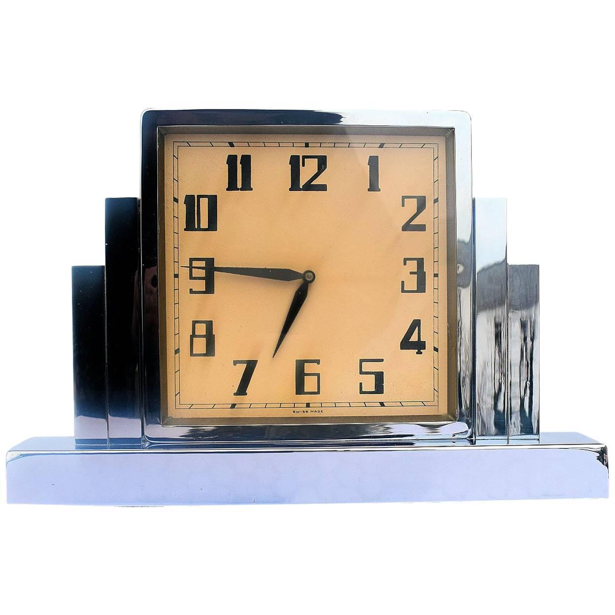 Large and Impressive 1930s Art Deco Nickel-Plated Mantle Clock